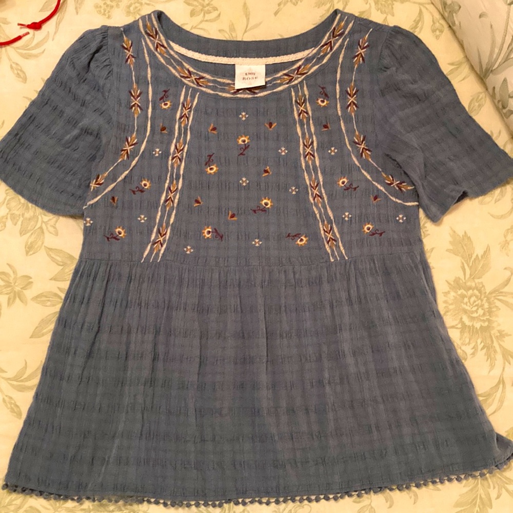 Dusty Blue Shirt with Embroidered and Crocheted Details